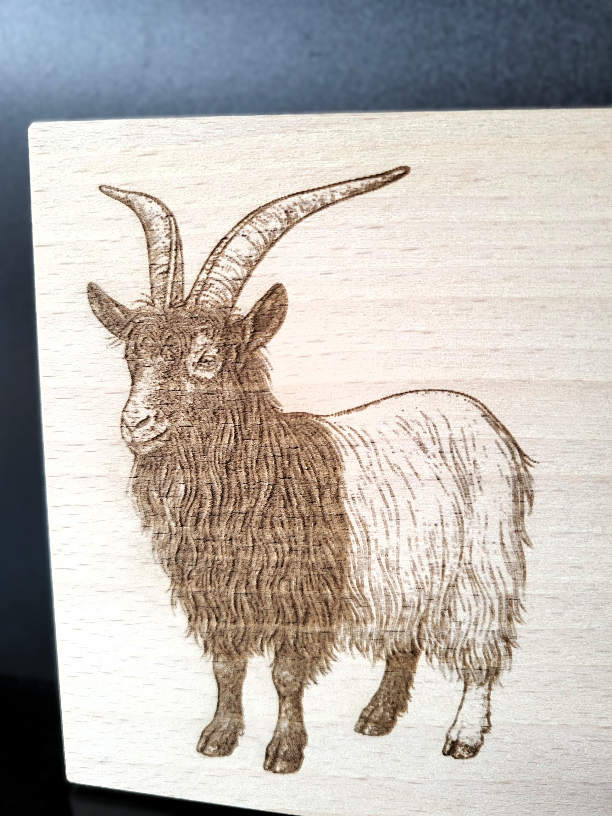 Rechteckiges Schneidebrett aus hellem Buchenholz mit feiner Maserung. Auf der linken Seite ist eine detailreiche Gravur einer Ziege mit langen, geschwungenen Hörnern und zotteligem Fell dargestellt. Auf der rechten oberen Seite befindet sich eine herzförmige Aussparung, die dem Brett einen charmanten Akzent verleiht. Das Brett kombiniert natürliche Schlichtheit mit kunstvoller Gravur – ideal als Küchenaccessoire, Servierbrett oder Geschenk.